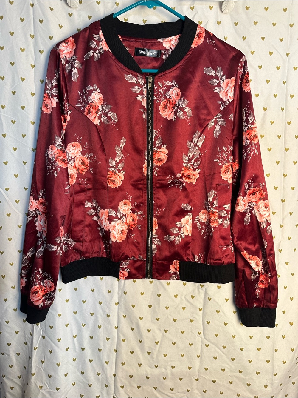 Allegra K Burgundy Floral Bomber Jacket